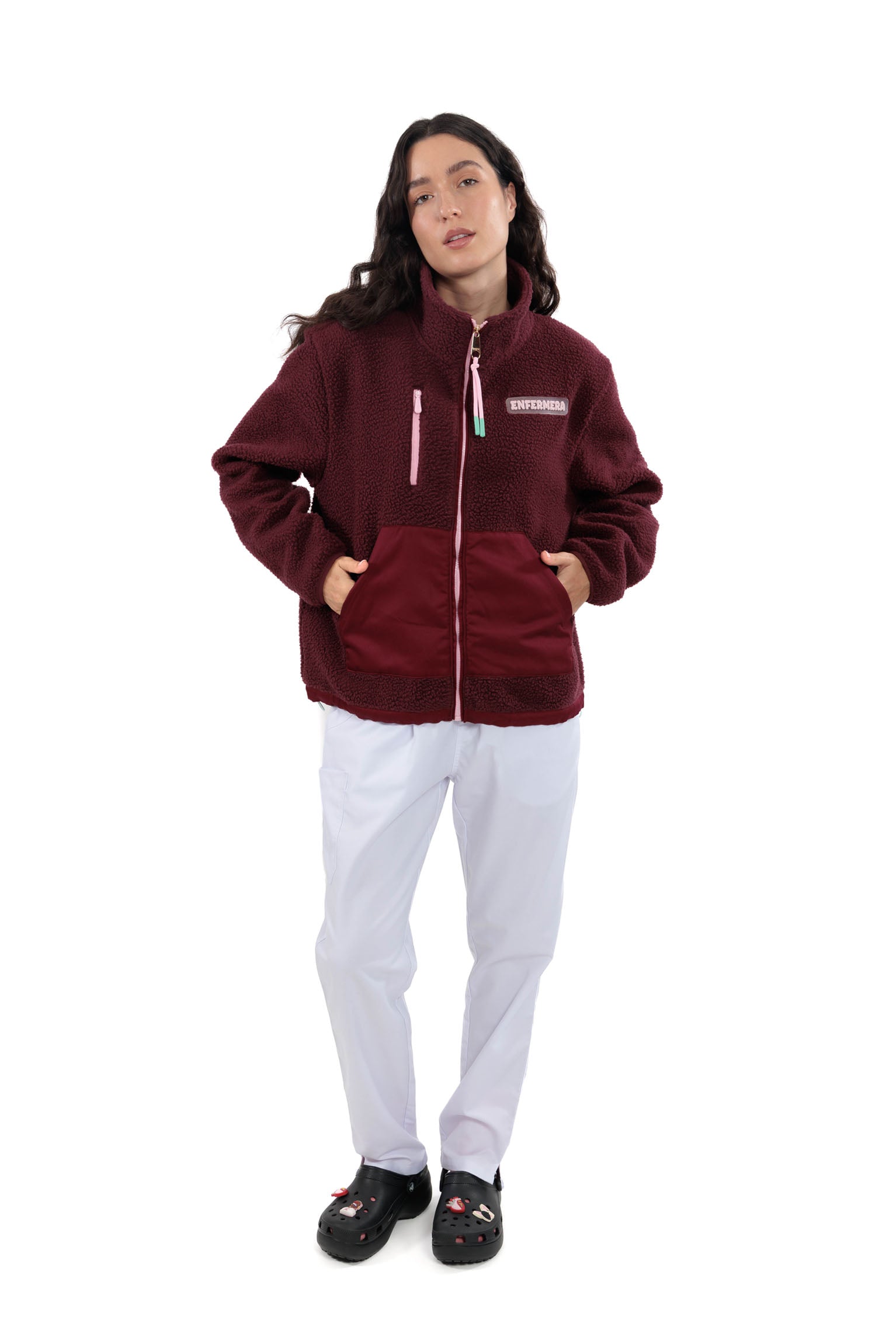 RELAXED BURGUNDY FLEECE JACKET - ENFERMERA