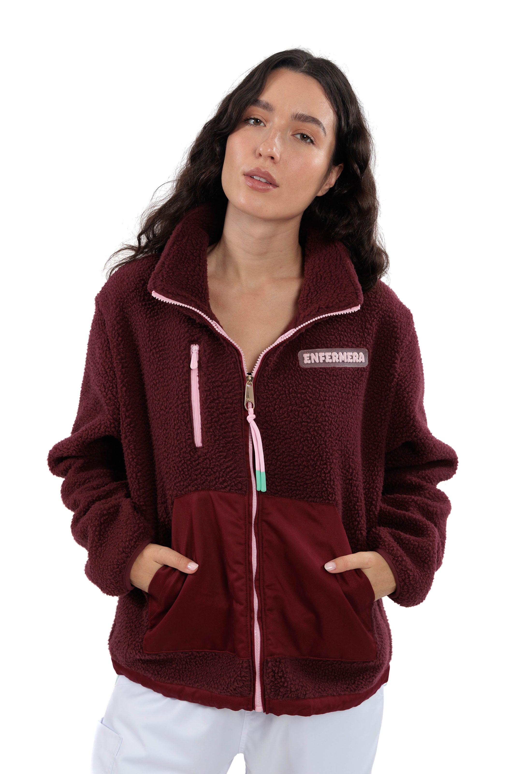 RELAXED BURGUNDY FLEECE JACKET - ENFERMERA