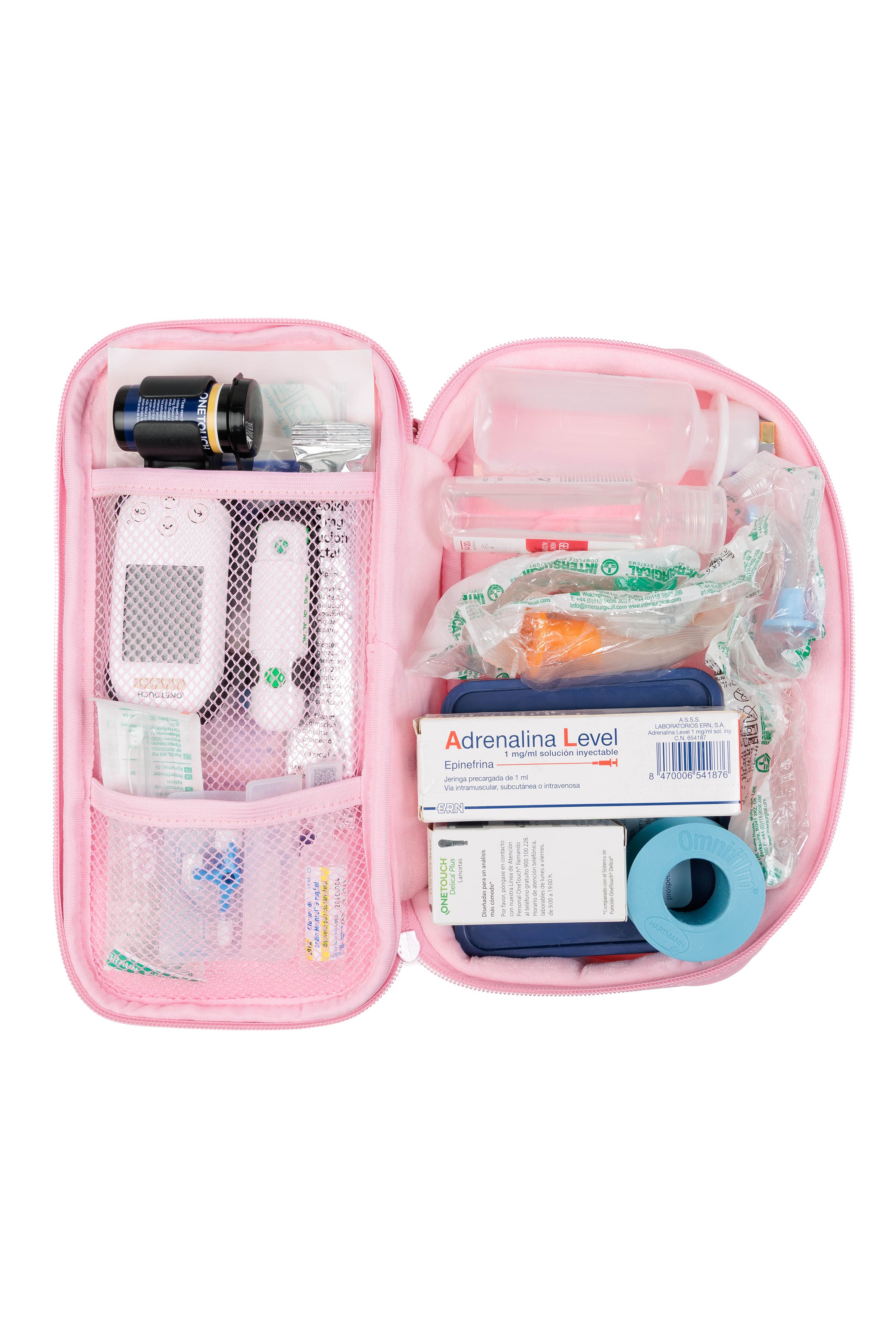 Material médico dentro del neceser esencial rosa. Para profesionales sanitarios