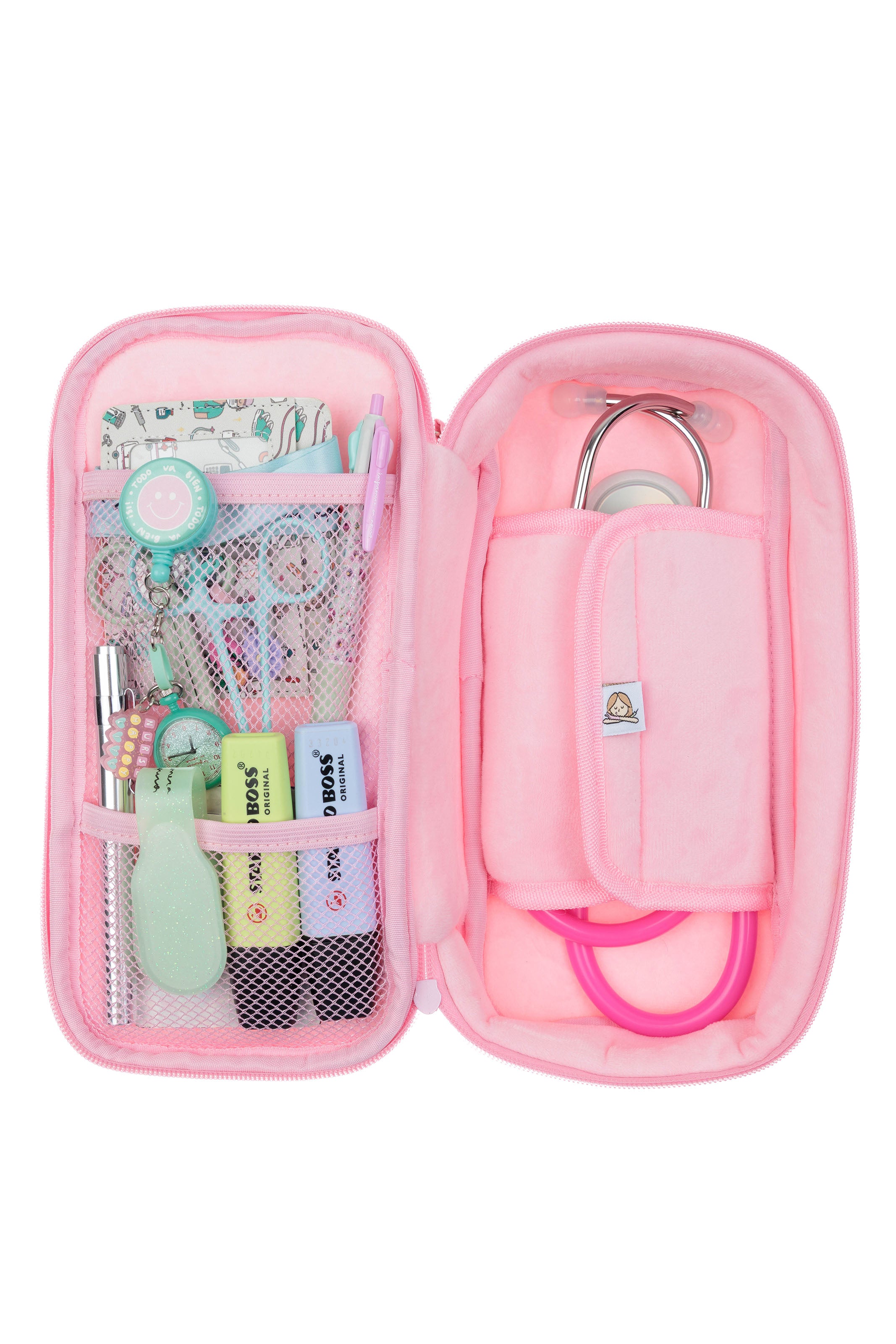 Utilidad neceser multiusos rosa con material médico para estudiantes de enfermería
